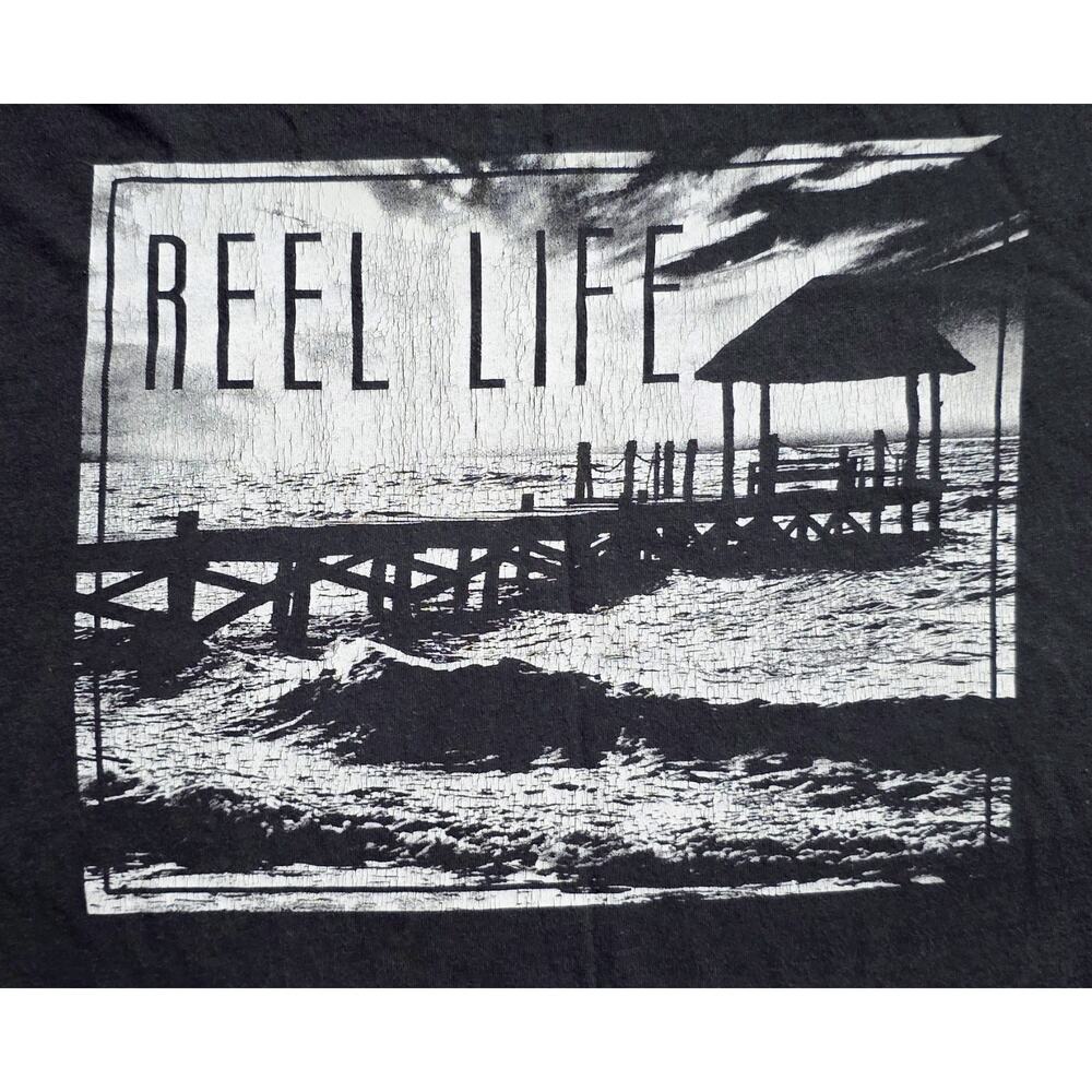 Reel Life Graphic T-Shirt XL Black Fishing Pier Ocean Back Print Cotton Tee